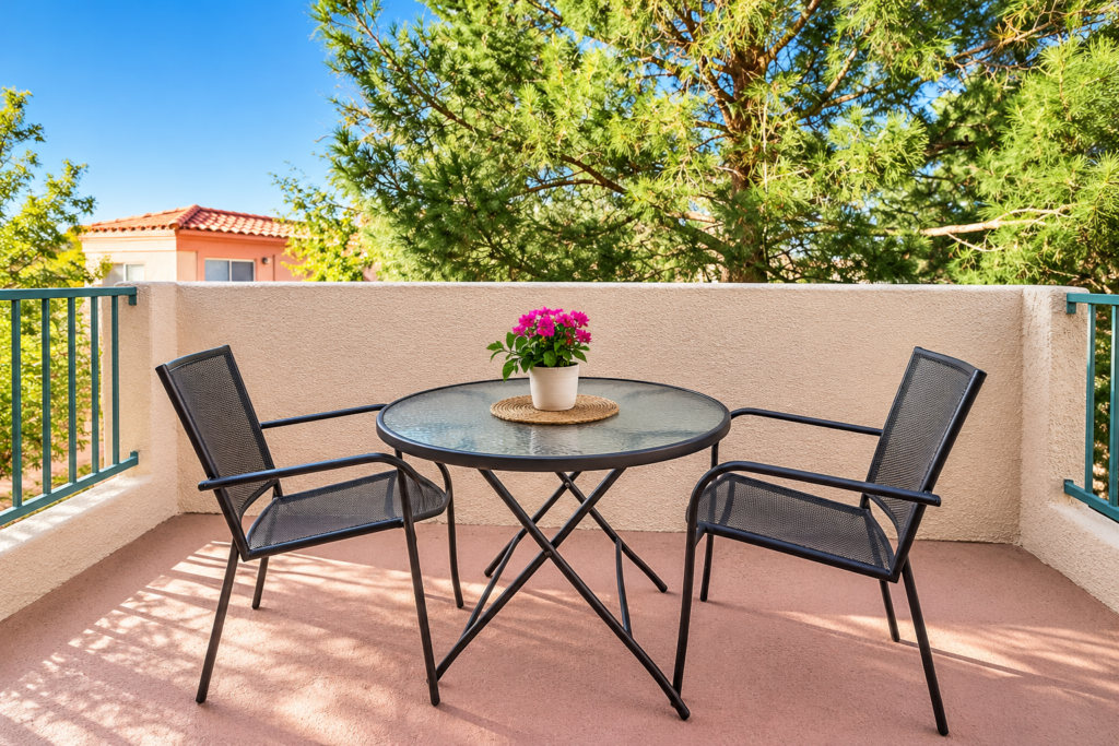 Sunny Balcony Bistro with Bougainvillea