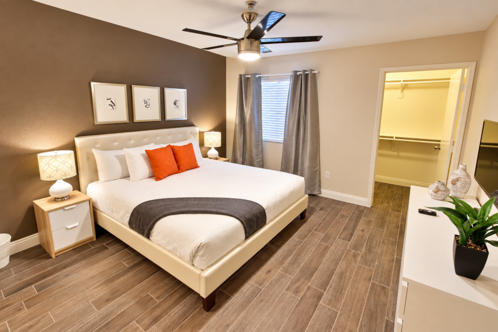 Modern Warm-Toned Staged Bedroom