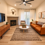 Cozy Mid-Century Living Room with Vertical Blinds