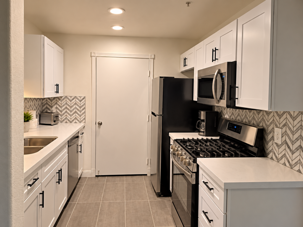 Modern Galley Kitchen with Pantry Door