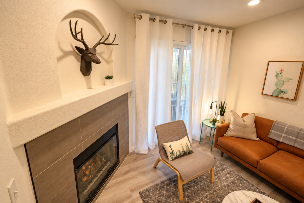 Warm Modern Living Room with Fireplace