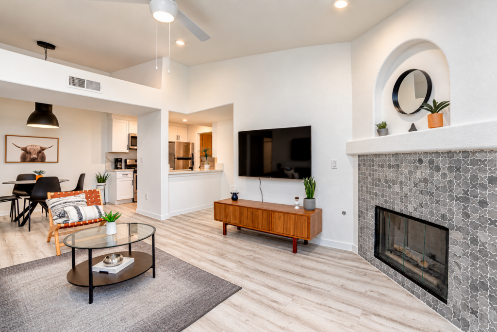 Contemporary Living Room with Fireplace and Kitchen