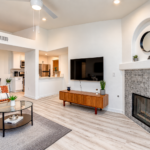 Contemporary Living Room with Fireplace and Kitchen