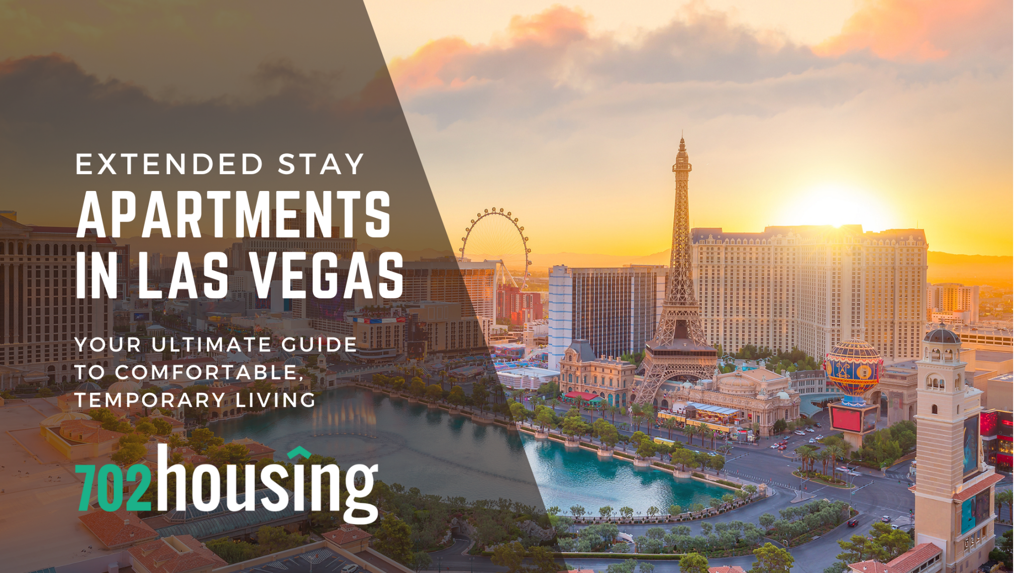 View of the Las Vegas Strip with the blog title 'Extended Stay Apartments Las Vegas: Your Ultimate Guide to Comfortable, Temporary Living' overlayed, highlighting the vibrant city lights and iconic landmarks.