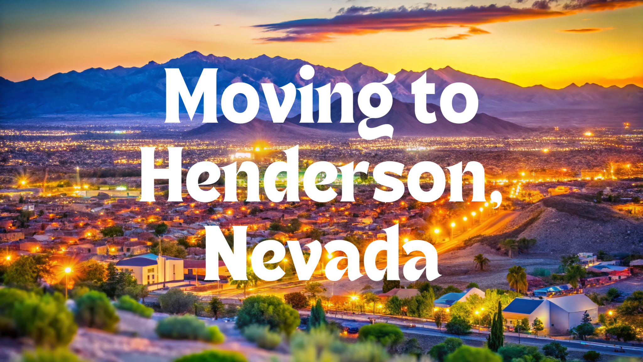 Sunset view over a residential neighborhood in Henderson, Nevada, with warm hues lighting up the sky, rooftops, and distant mountains.