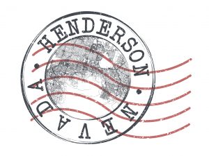 Postage stamp design featuring Henderson, Nevada with a scenic desert backdrop, symbolizing travel and location in Southern Nevada.