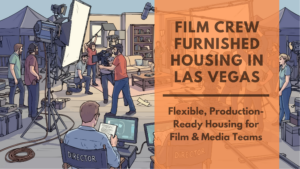 Film production crew on set in Las Vegas with cameras, lighting equipment, and director, representing film crew furnished housing needs.