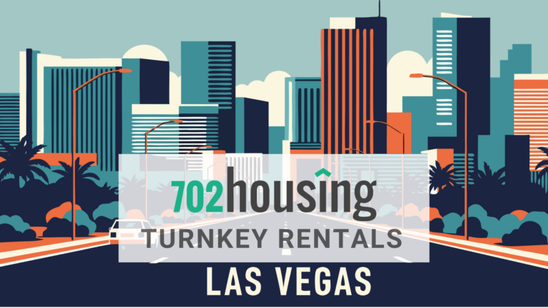 Las Vegas turnkey rentals skyline illustration with 702 Housing branding and modern cityscape