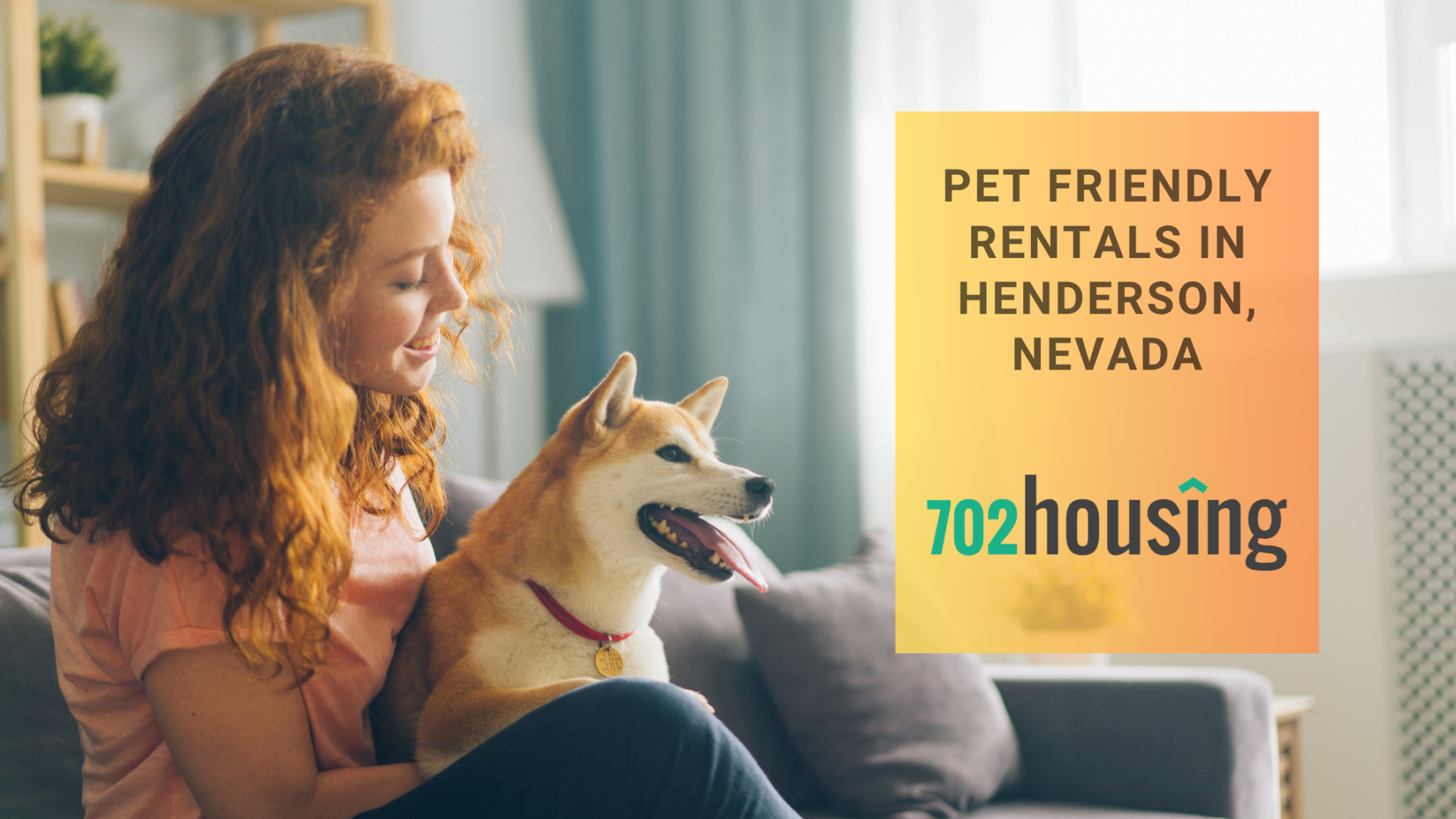 Woman sitting on a couch with a Shiba Inu dog in a bright apartment for pet friendly rentals in Henderson NV